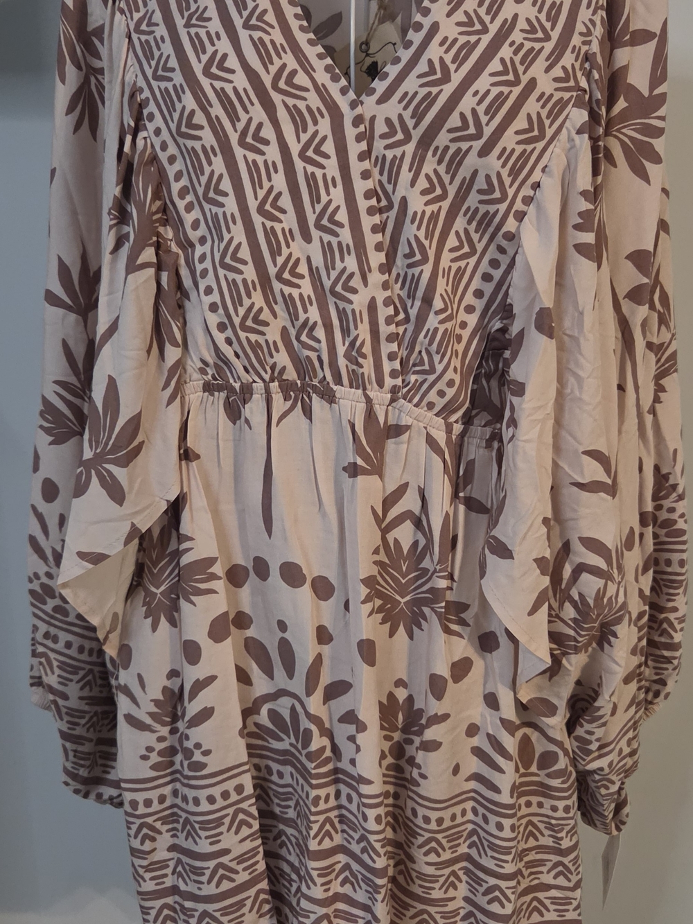 easel Taupe and Cream Boho V-Neck Printed Tunic